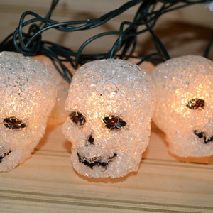 May include: A string of white, frosted skull-shaped lights with red eyes. The lights are strung together with green wire.