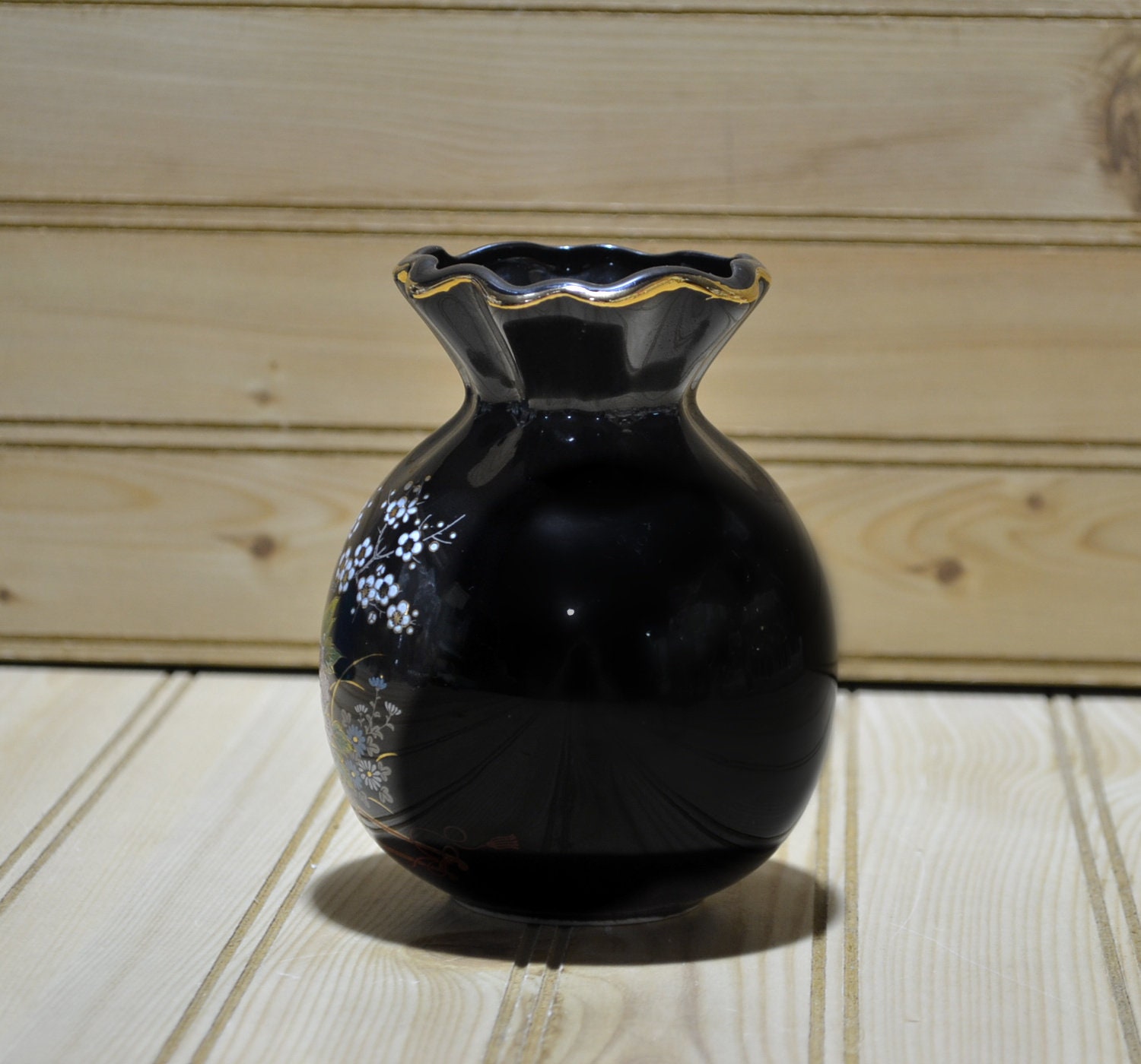 Vintage Black Ceramic Gold Trim Enameled Floral Design Vase
