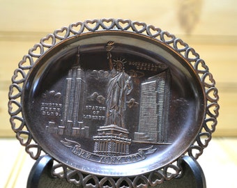 Vintage New York City Metal Souvenir Trinket Tray Empire State Building Statue of Liberty Rockfeller Square Made in Japan