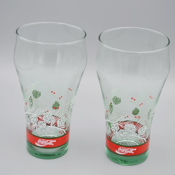 Vintage Coca Cola Christmas Glasses 1980s Coke Holiday Glassware Libbey Flat Tumbler Pine Cones Needles Berries Set of 2