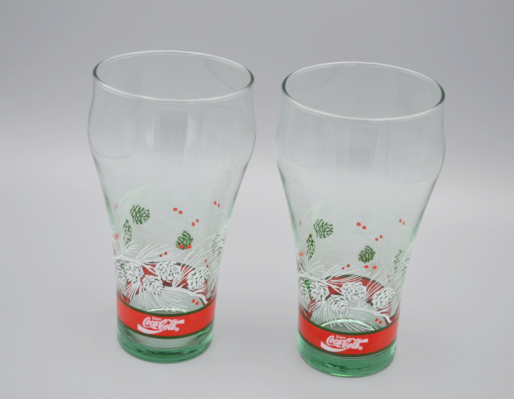 Vintage COCA-COLA Christmas Glasses, Holiday Pine Tree Tumblers