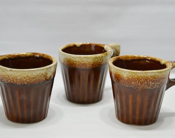 Vintage Brown Drip Glaze Mugs Ovenproof - USA Set of 3 Stoneware Ceramic