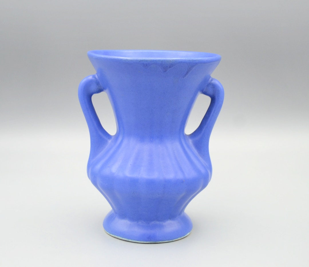 Vintage Blue Matte Pottery Urn Vase Double Handles NO Maker Mark Mid