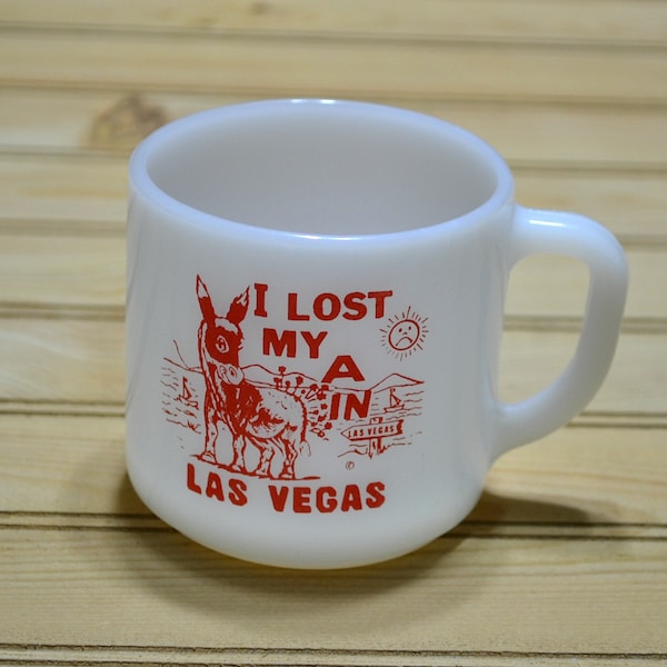 Vintage Milk Glass 'I Lost My Ass In Las Vegas' Federal Glass Company USA Red White Donkey Coffee Mug Collectible Souvenir