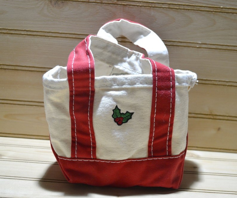 Vintage Mini L.L. Bean Boat and Tote Canvas Bag Christmas Red and White Cotton Christmas Holly