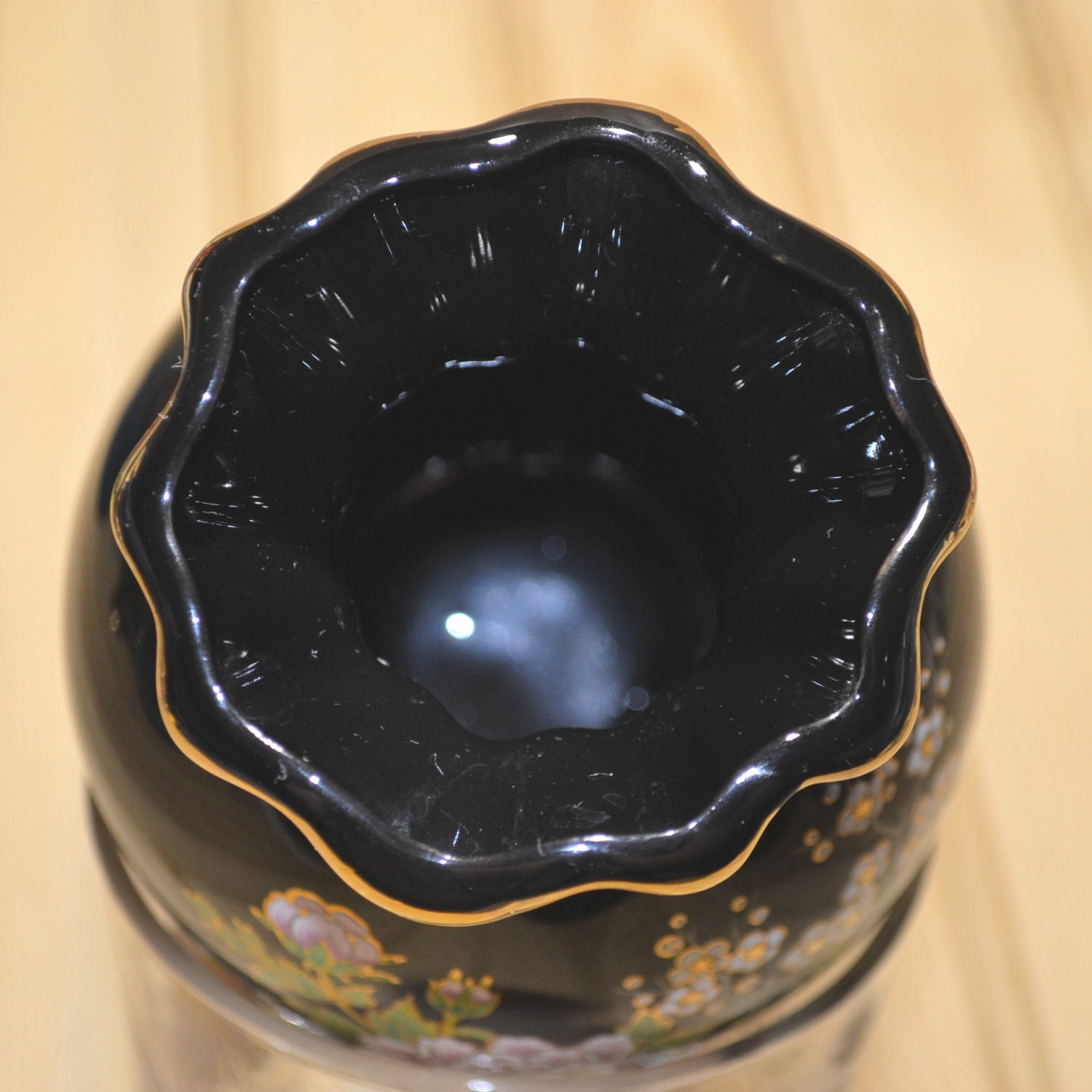 Vintage Black Ceramic Gold Trim Enameled Floral Design Vase