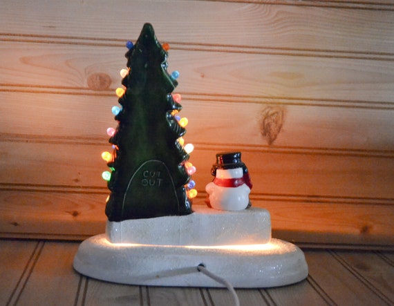 Vintage 1980s Ceramic Mold Lighted Christmas Tree Snowman