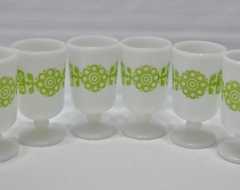 Vintage White Milk Glass Pedestal Coffee Tea Punch Mugs Cups Green Floral Design Flower set of 6