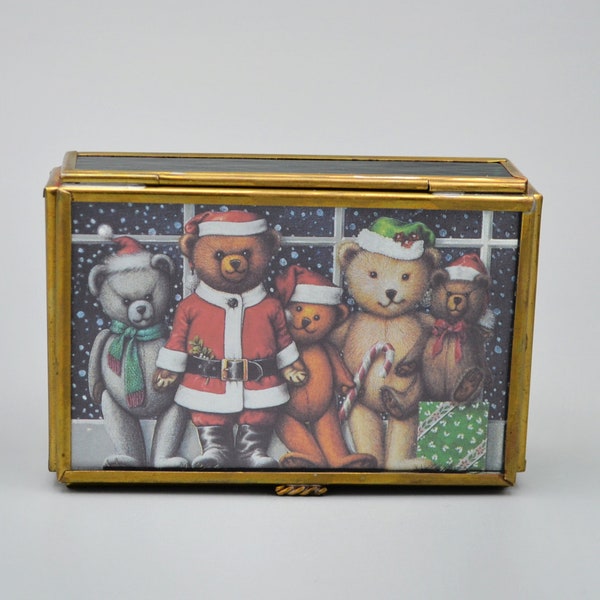Vintage Via Vermont Christmas Bears Greeting Box Trinket Jewelry Handcrafted Brass & Glass Made in Mexico