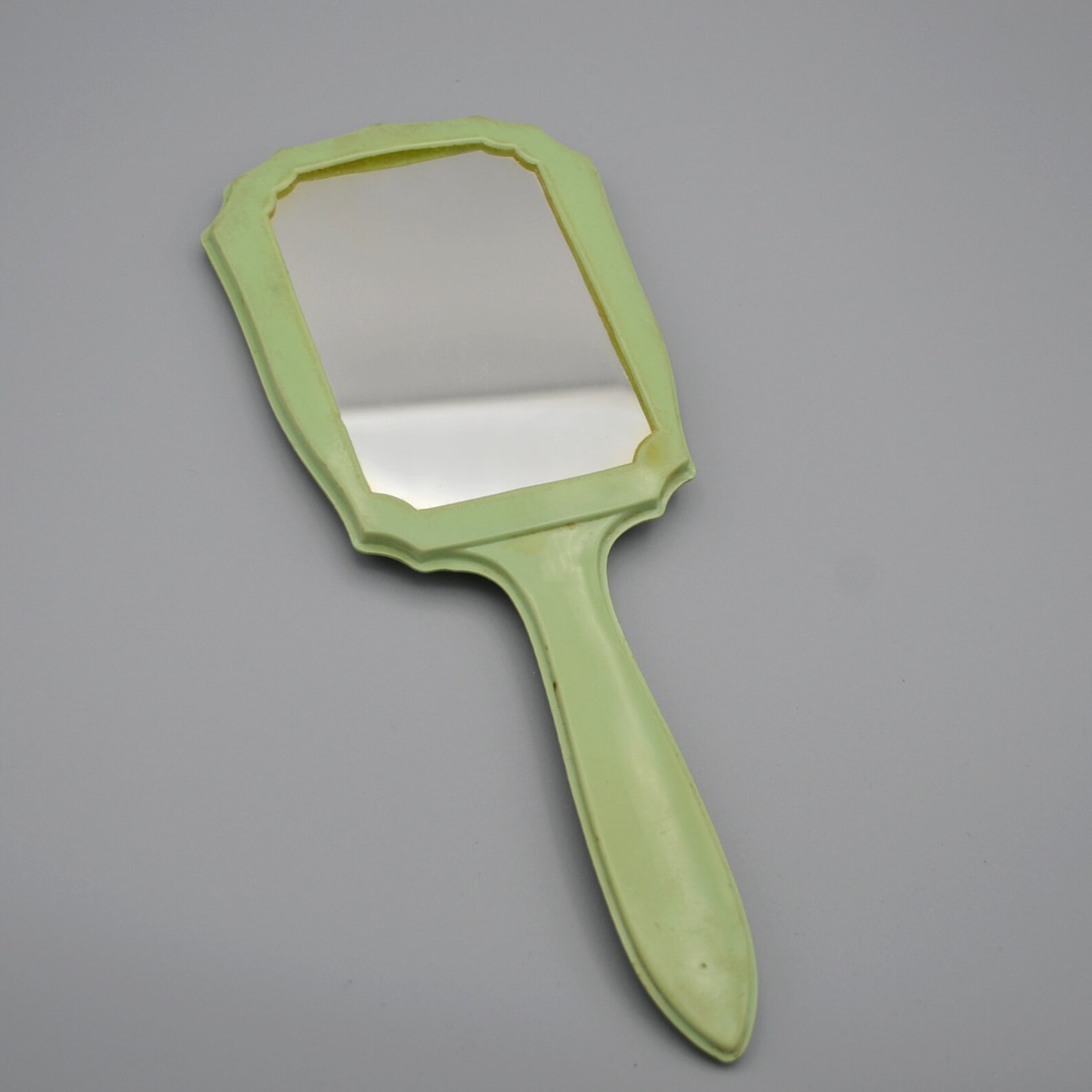 Vintage Art Deco Hand Mirror Vanity Green Pink Flowers Mid Etsy