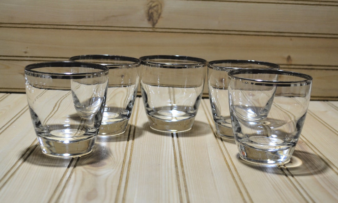 Vintage Rock Old Fashioned Bar Glasses Libbey Wide Platinum Band