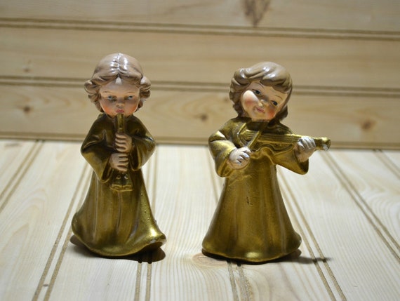Vintage Composite Paper Mache Gold Painted Musical Angel Figurines Christmas Decoration Collectible Holiday Decor