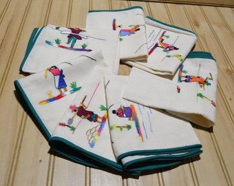 Vintage Needlework French Days of the Week Kitchen Tea Towels Green Piping Edge Set of 7