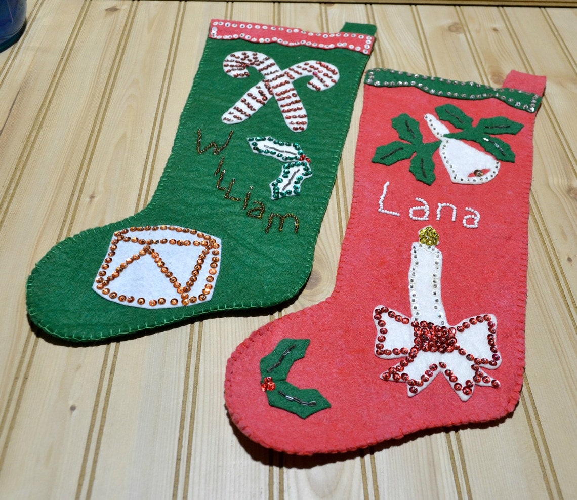 Vintage Beaded Sequin Christmas Stocking Holiday Decor Red or Etsy