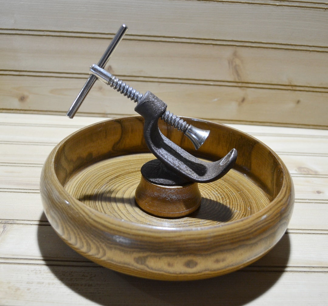 Vintage Wooden Nut Bowl With Attached Metal Vise Cracker Etsy