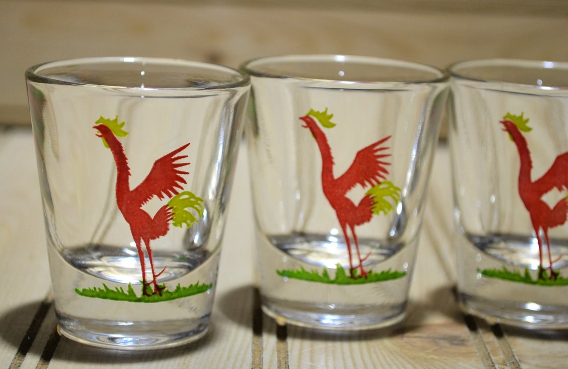 Vintage Crowing Red Rooster Chicken Shot Glass MCM Barware Listing for