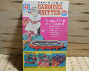 Vintage Carousel Loom Knitter Expandable 1970s Knitting Peg Milton Bradley Crafts Made in USA Adjustable 4 Sizes Kids Toy Christmas Present