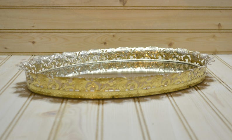 Vintage Mirror Vanity Tray Ornate Gold Tone Filigree Display Etsy