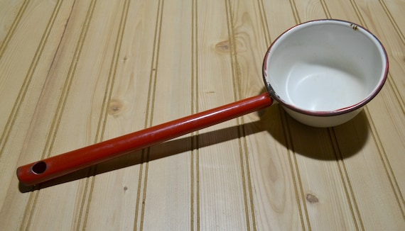 Vintage Enamelware Water Dipper Ladle White Red Trim Kitchen photo