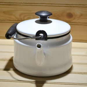 Vintage Enamelware Tea Coffee Kettle Pot White Black Trim Wooden Handles Farmhouse Decor