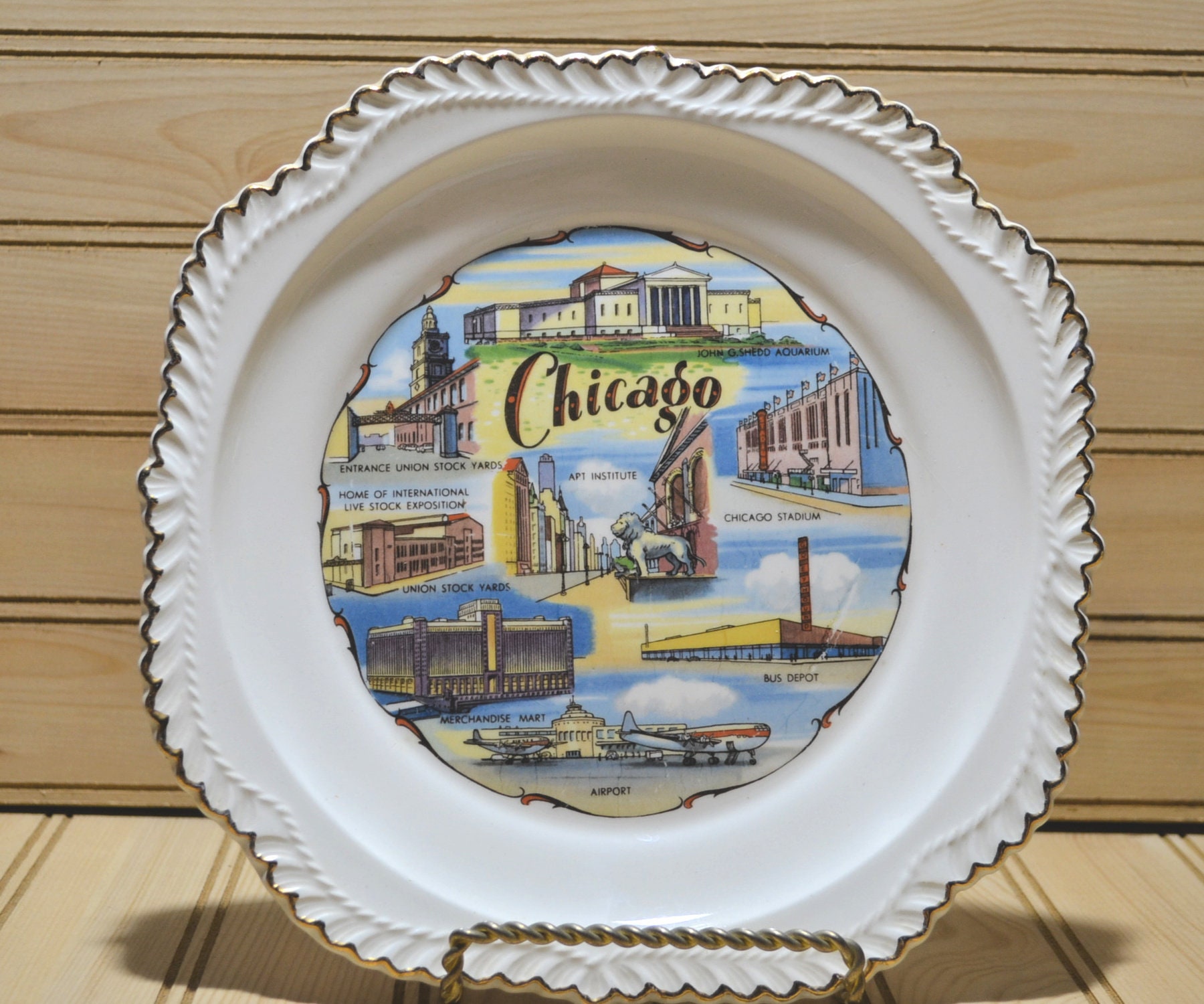 Vintage Mid Century Chicago Souvenir Plate Gold Trim Square Etsy