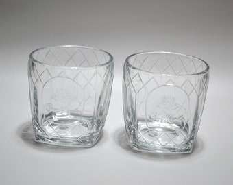 Vintage Lowball Whiskey Glasses Crown Royal Embossed Emblem Diamond Pattern Square Bottom Set of 2