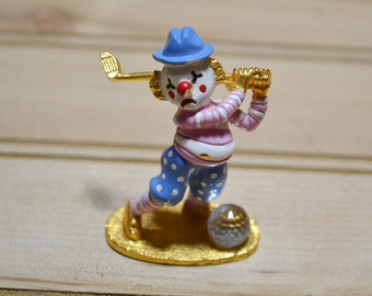 Vintage Spoontiques Miniature Pewter Gold Plated Clown Golfer with Swarovski Crystal Ball KM 472 1980s Collectible