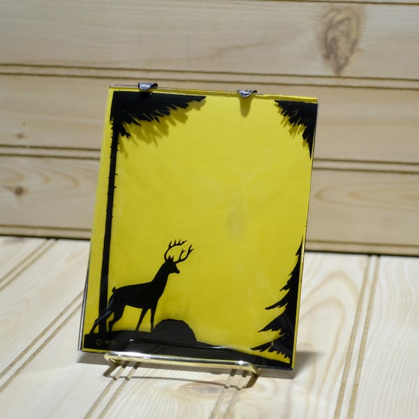 Vintage Reverse Painting Silhouette Convex Clear Glass Metal Picture Frame Deer Stag Pine Trees Rustic Wildlife Decor 1950s MCM Collectible