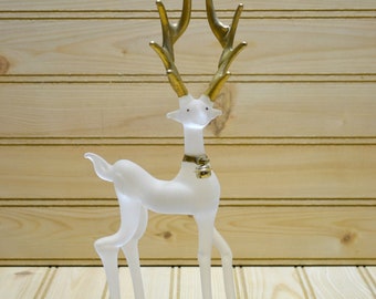 Vintage Frosted Glass Reindeer Figurine Gold Painted Antlers Neck Bell Christmas Decor Holiday Decoration Collectible