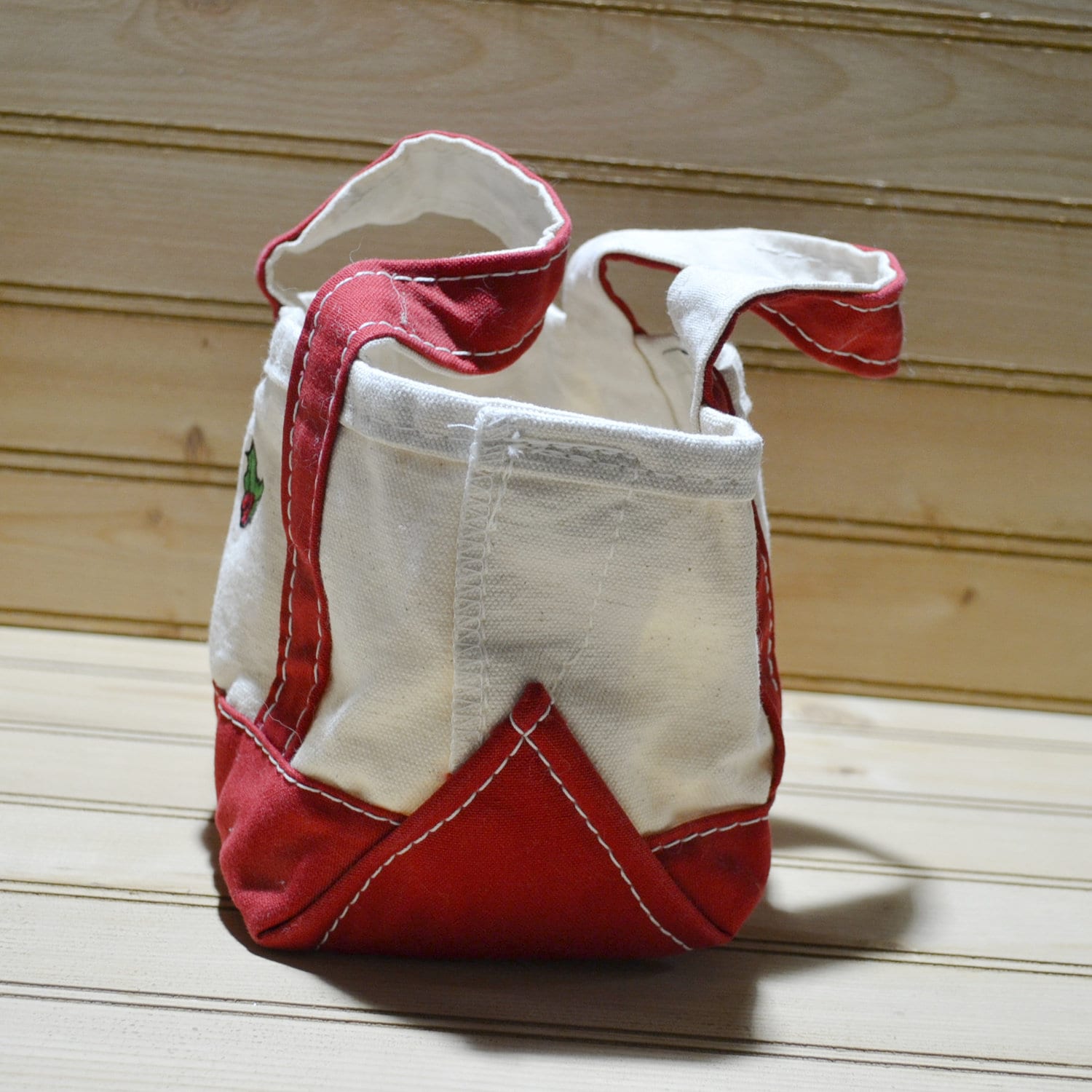 Vintage Mini L.L. Bean Boat and Tote Canvas Bag Christmas Red and White Cotton Christmas Holly
