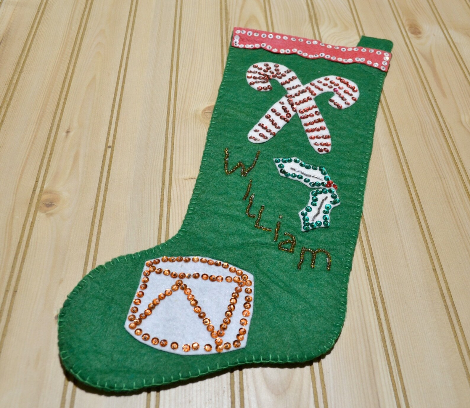 Vintage Beaded Sequin Christmas Stockings Holiday Decoration Red and