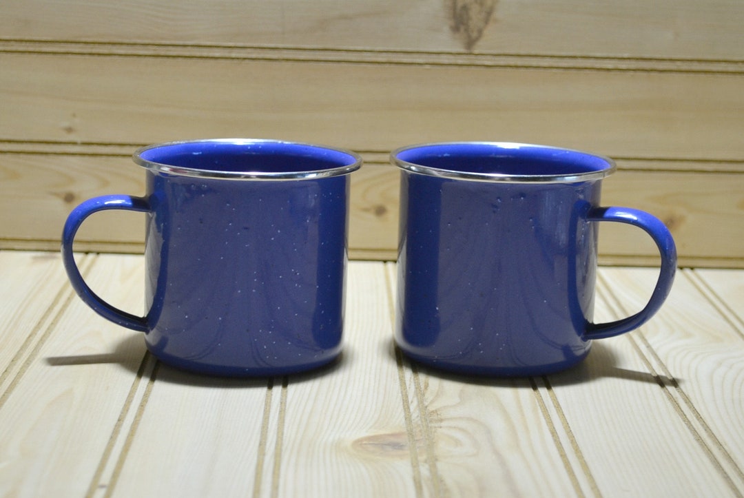 2 Enamel Ware Blue Speckled Metal Coffee Mugs Cup Cabin Camping Farmhouse