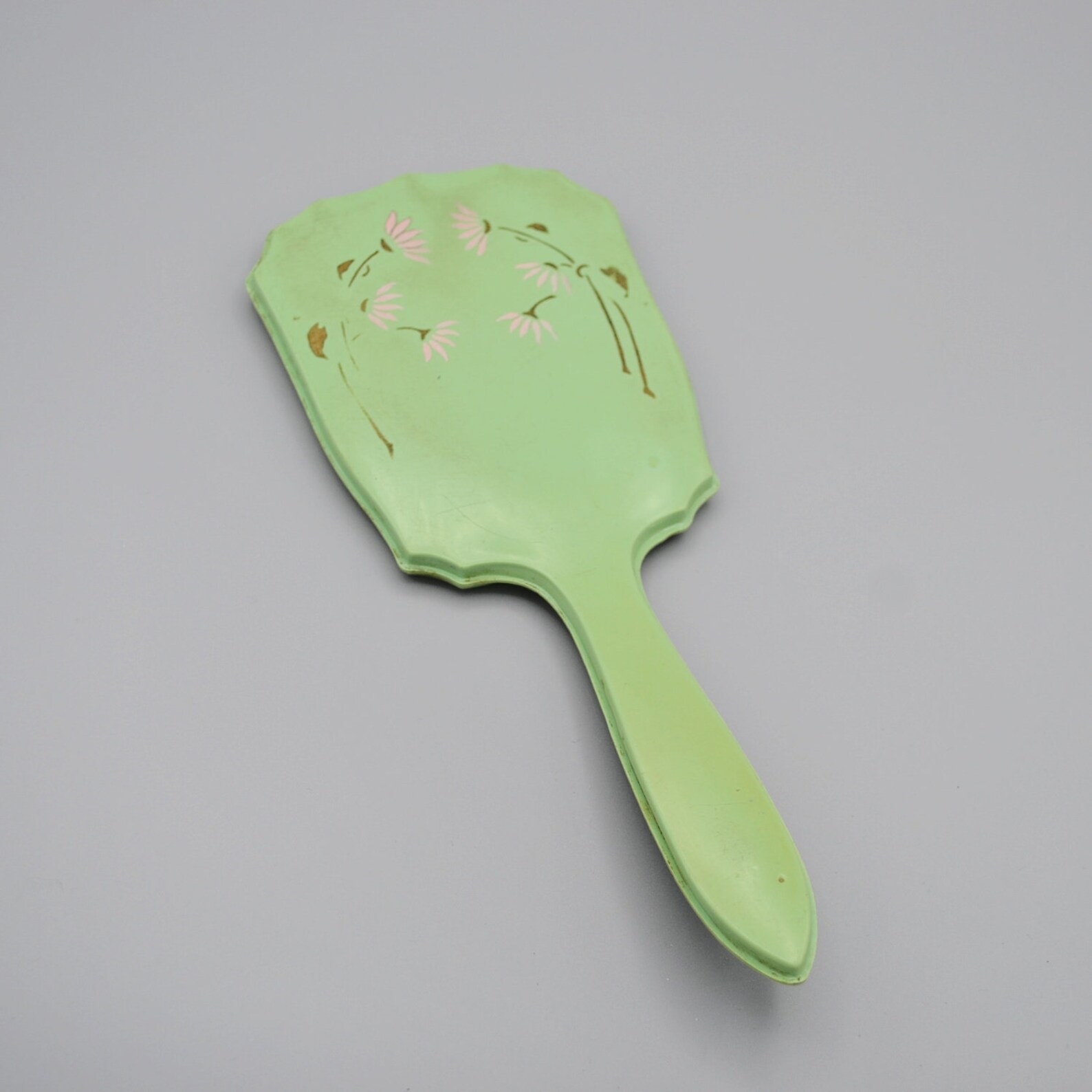 Vintage Art Deco Hand Mirror Vanity Green Pink Flowers Mid Etsy