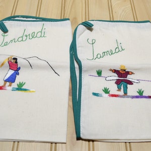 Vintage Needlework French Days of the Week Kitchen Tea Towels Green Piping Edge Set of 7 image 5