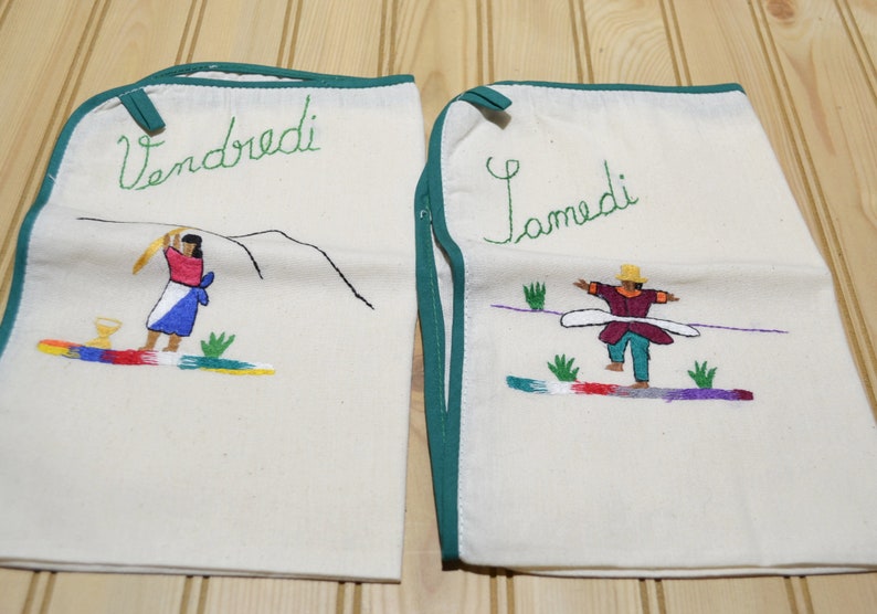 Vintage Needlework French Days of the Week Kitchen Tea Towels Green Piping Edge Set of 7 image 5