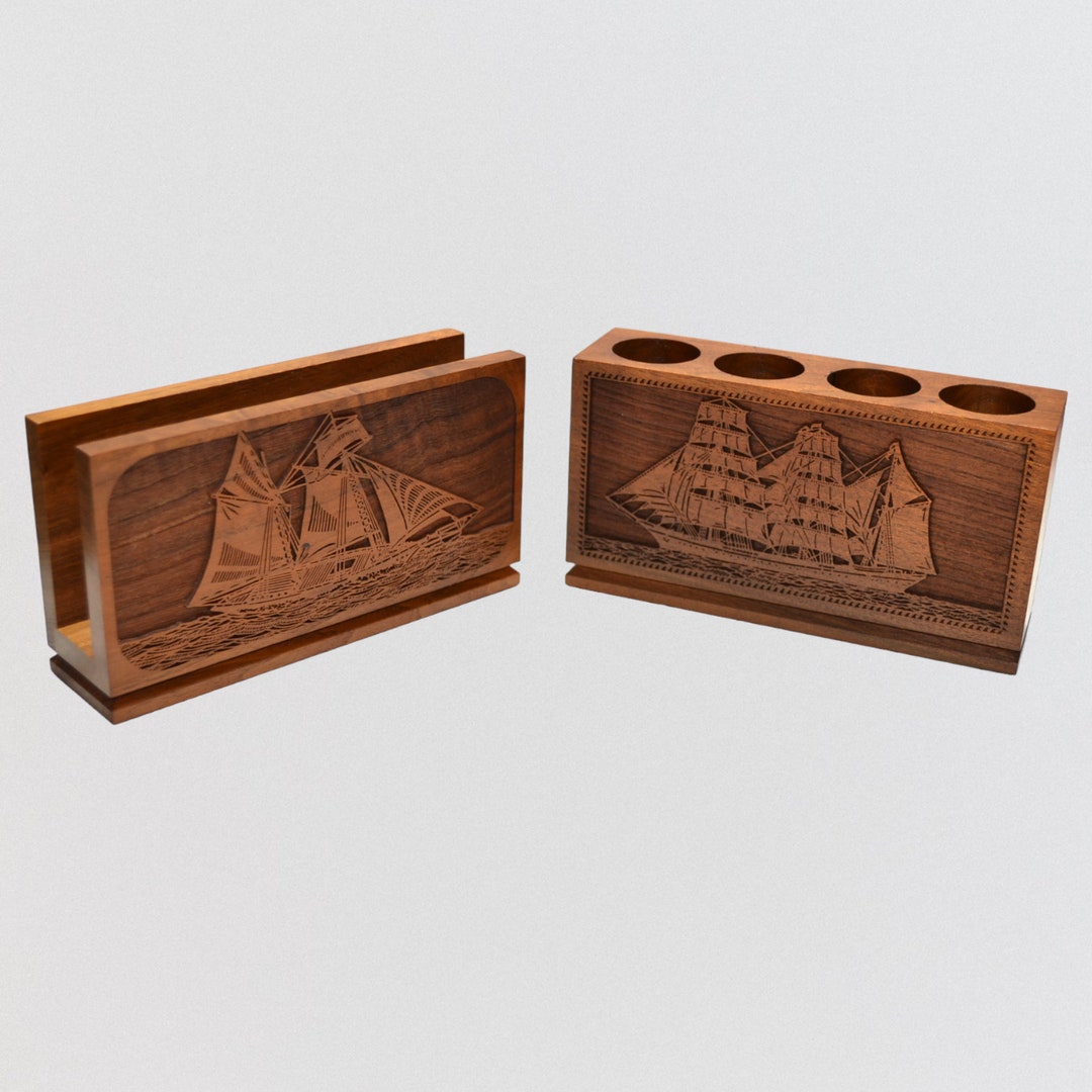 Vintage Lasercraft Wooden Pencil Pen Holder & Letter Paper Holder Ship ...