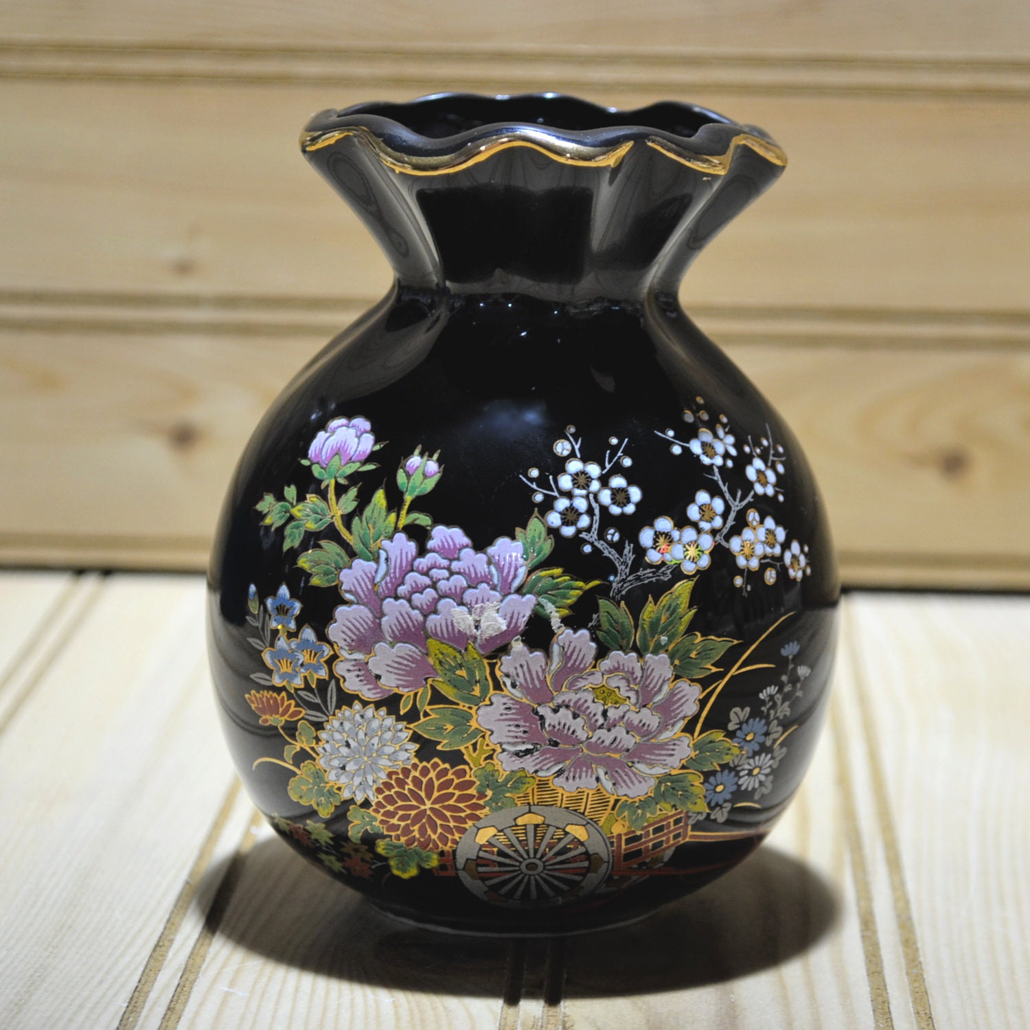 Vintage Black Ceramic Gold Trim Enameled Floral Design Vase