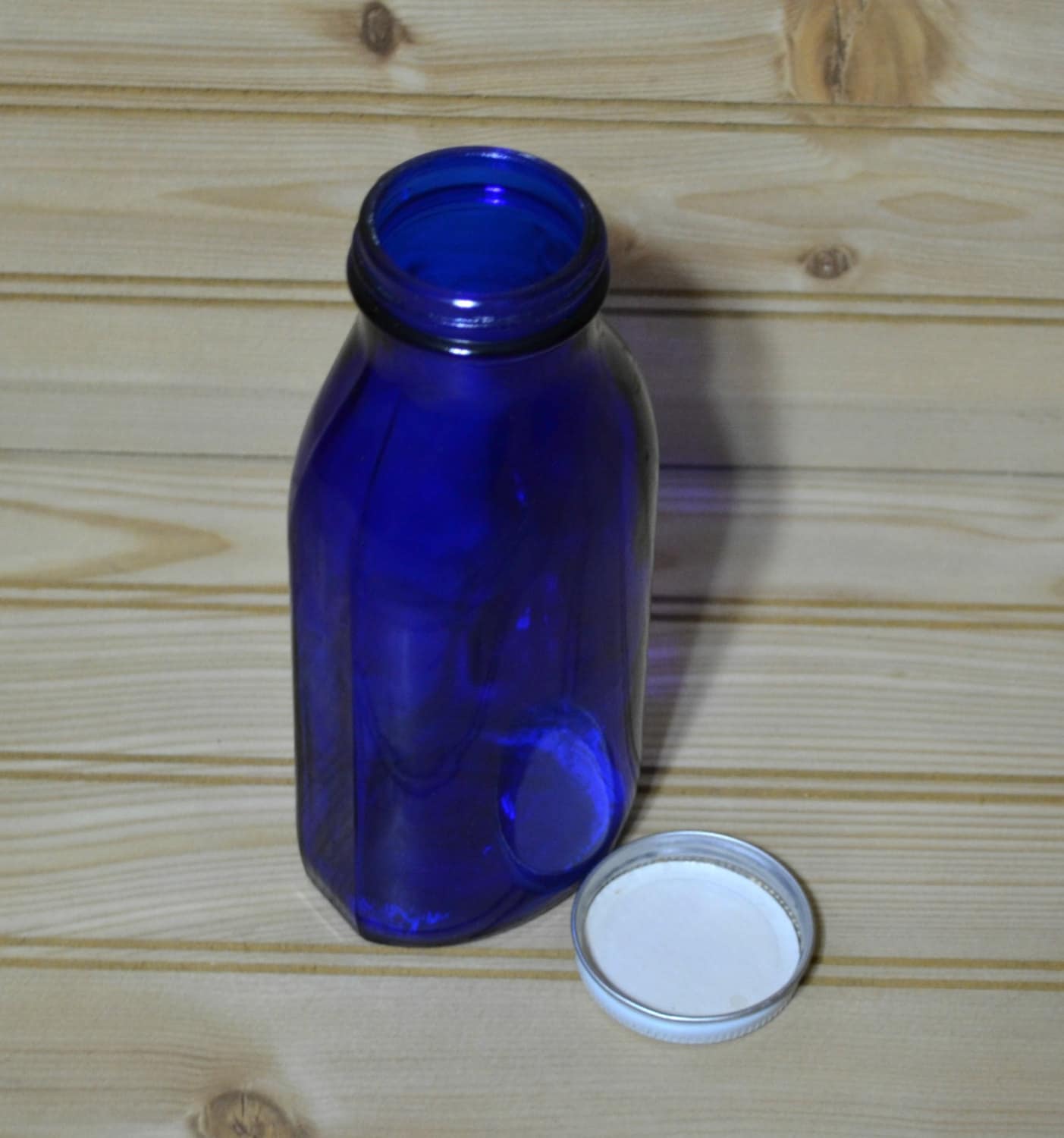 Vintage Cobalt Blue Glass Bottle Metal Lid Medicine Drugstore