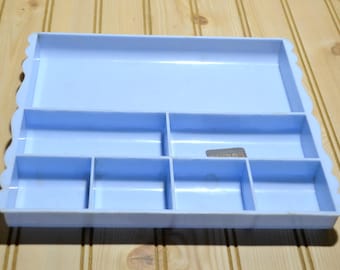 Vintage Plastic Styron Vanity Cosmetic Jewelry Office Bath Desk Tray Holder Organizer Divided Marbelized Blue White Collectible
