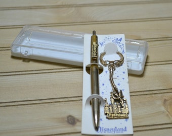 Vintage Disneyland Souvenir Pen and Key Chain Set Gold Tone Castle Tinkerbell Disney Collectible 1960s Magic Kingdom