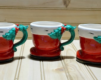 Vintage Lefton Santa Boot Holly Handles Christmas Mugs MCM Mid Century Holiday Decoration Made in Japan Set of 3 Hard to Find