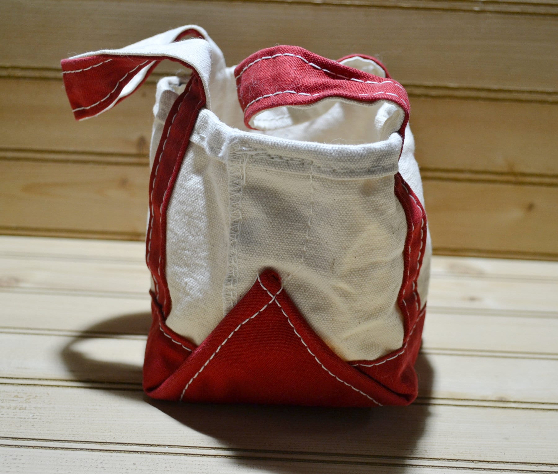 Vintage Mini L.L. Bean Boat and Tote Canvas Bag Christmas Red and White Cotton Christmas Holly