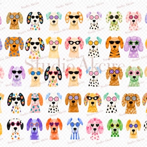 以下が含まれることがあります： グリッド状に配置された40種類の犬の頭部の水彩イラスト集。それぞれの犬は異なる色のサングラスをかけており、耳や毛並みには水玉模様、花柄、ストライプ、無地など、ユニークなパターンが描かれています。