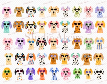 May include: A collection of forty watercolor illustrations of dog heads arranged in a grid. Each dog wears different colored sunglasses and features unique patterns on their ears or fur, including polka dots, flowers, stripes, and solid colors.