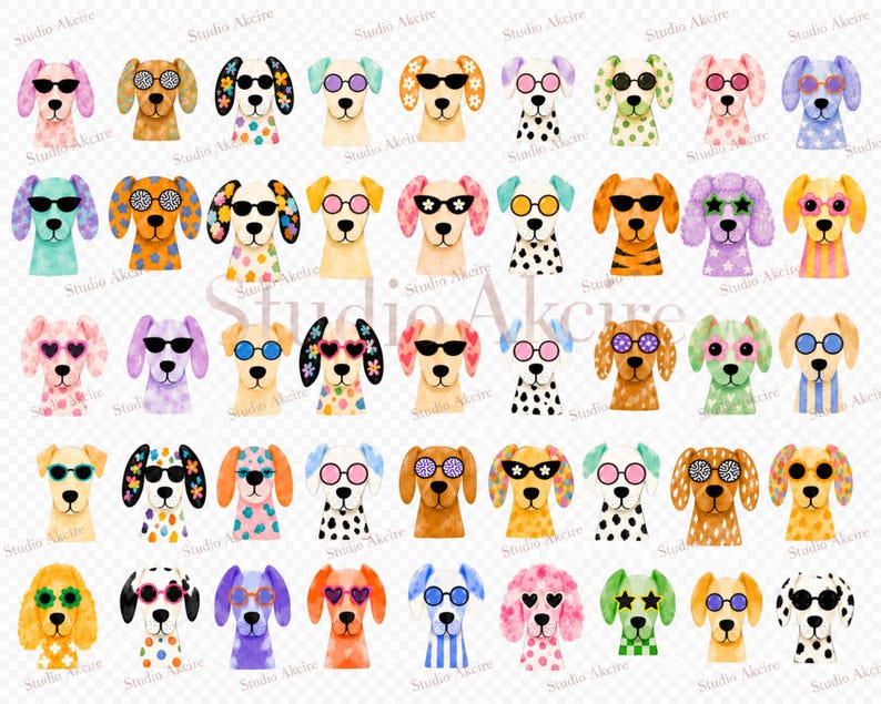 Peut inclure: Une collection de quarante illustrations &agrave; l'aquarelle de t&ecirc;tes de chiens dispos&eacute;es en grille. Chaque chien porte des lunettes de soleil de couleurs diff&eacute;rentes et pr&eacute;sente des motifs uniques sur ses oreilles ou son pelage, dont des pois.