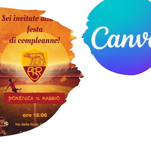 Può includere: Un design di invito a tema calcio. Il design presenta un'illustrazione dello stadio, il testo "Sei invitato au festa di compleanno!" e il logo Canva. L'invito include anche il testo "DOMENICA 12 MAGGIO ore 16:00".