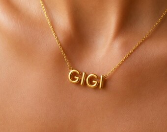 Personalized Bubble Letter Name Necklace, 14k Gold Plated Minimalist Jewelry