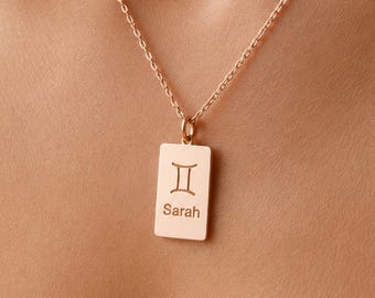 Personalized Zodiac Sign Necklace, Engraved Gemini Pendant, Gold Brass Astrology Jewelry