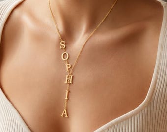 Personalized Vertical Name Necklace – Minimalist Gold Plated Initial Jewelry
