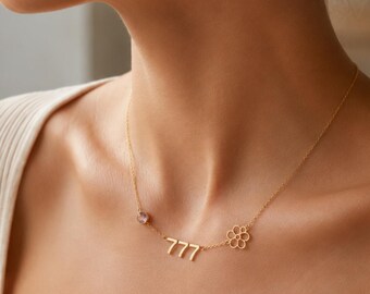 777 Angel Number Birth Flower Necklace, Gold Plated Spiritual Manifestation Jewelry